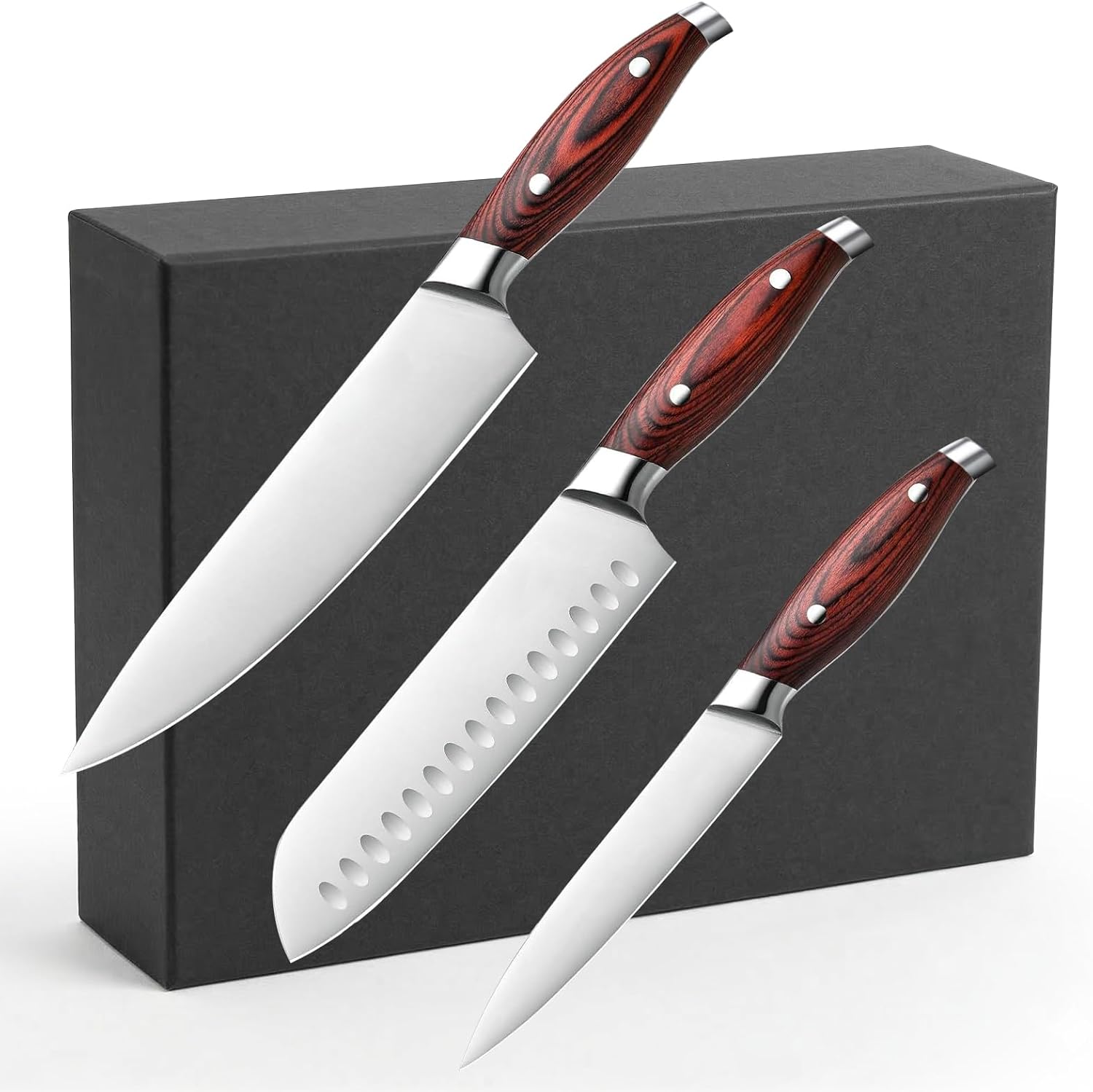 3-Piece Kitchen Knife Set – Includes Ultra-Sharp Chef Knife, High Carbon Stainless Steel Blades with Ergonomic Pakkawood Handles, Professional Knives Set for Kitchen, Elegant Gift Box