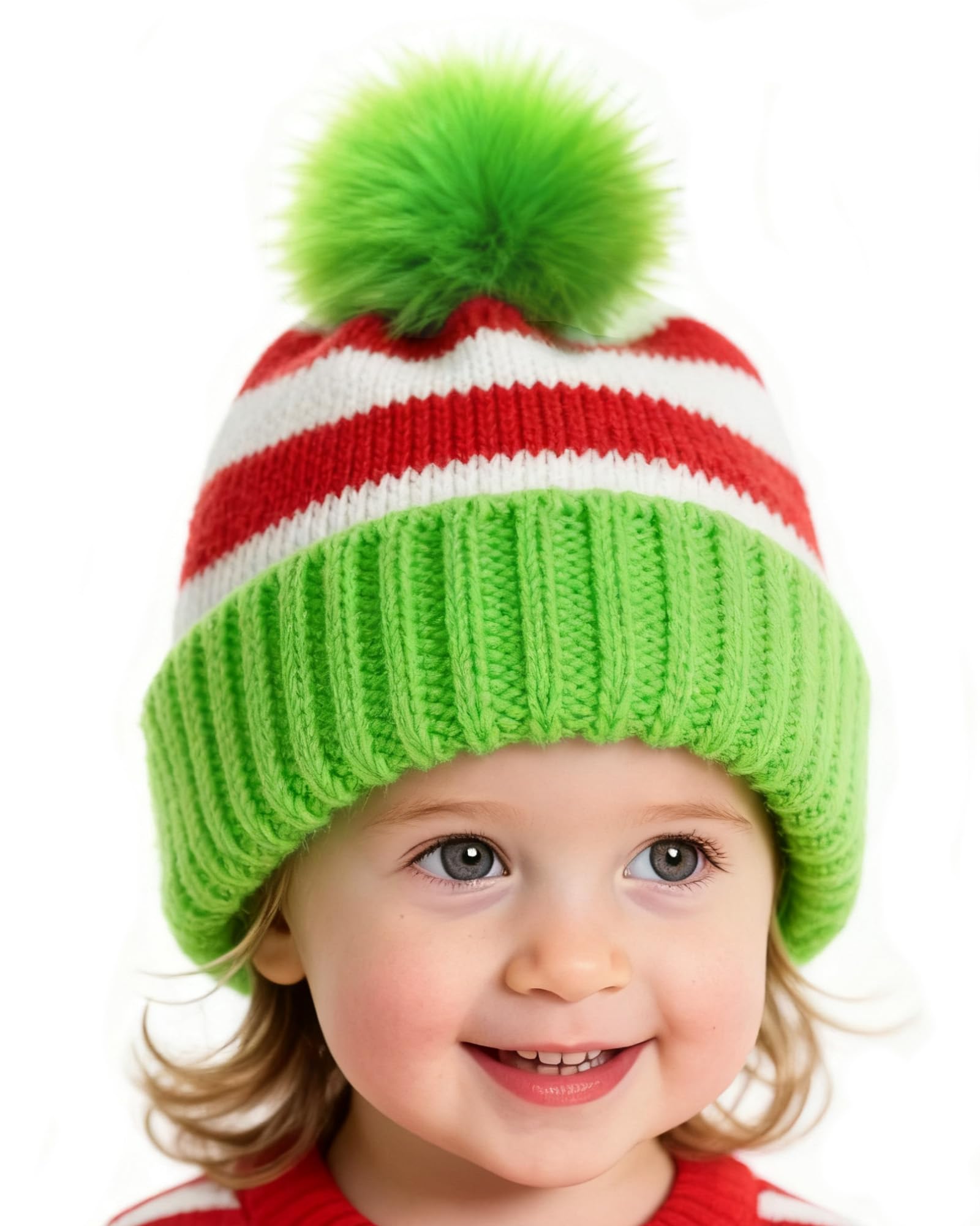 Hikkcos Christmas Elf Knitted Hat for Toddler, Lime Green Santa Hat Knit Cap, Kids Crochet Party Hat Baby Winter Warm (1 to 6 Years Old)