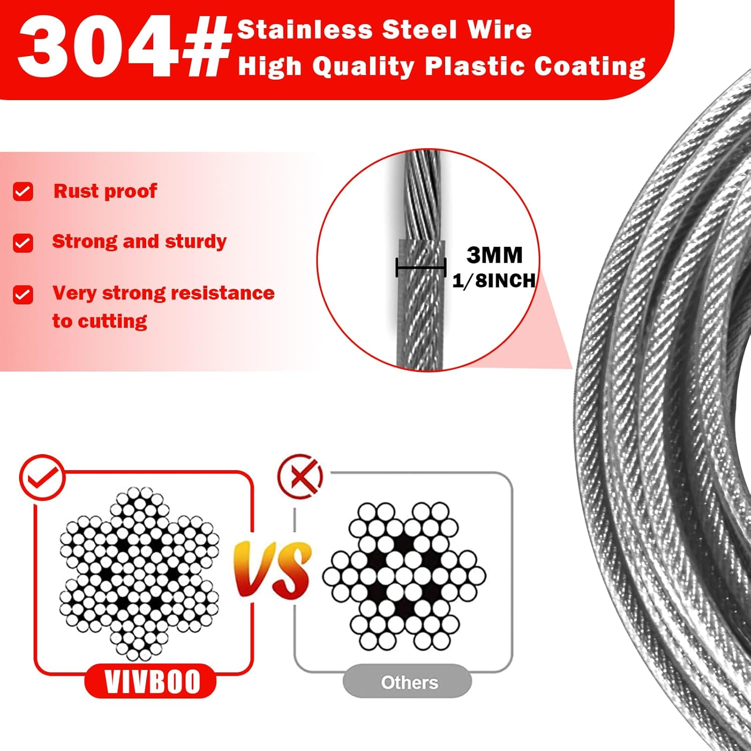 1/8inch Stainless Steel Security Cable 4/6/10/15FT Luggage Lock Safety Wire Flexible Steel Wire Rope With Double Loop (2 Pack) - Image 3