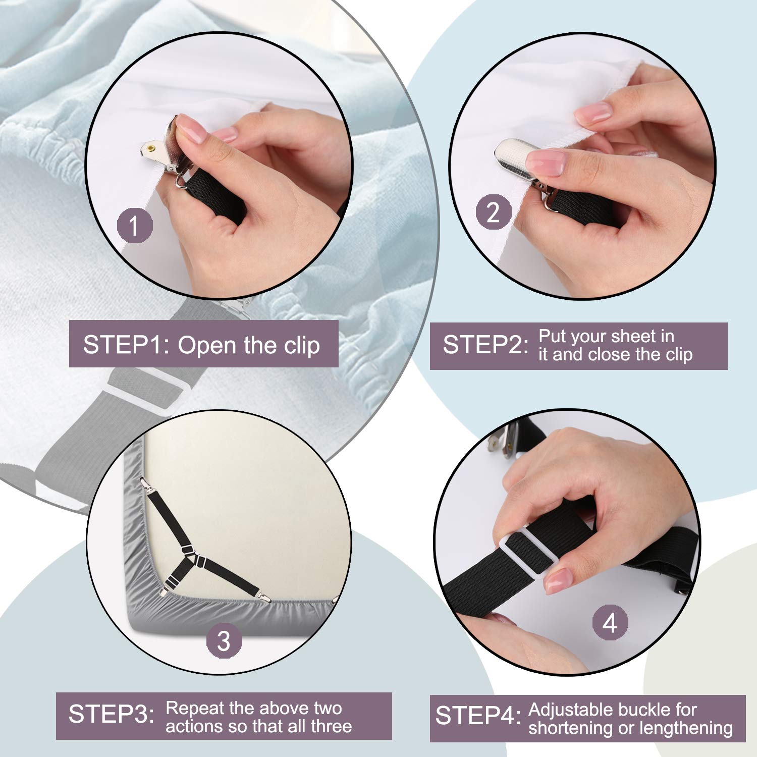 WADEO Clip Forti 8 Pezzi per Lenzuola, Blocca Lenzuola Angoli con Bretelle Regolabili, Fermalenzuolo Matrimoniale, Ganci per Lenzuola con Angoli, Adatto Tutti i Materassi (Nero - 8 Pezzi)