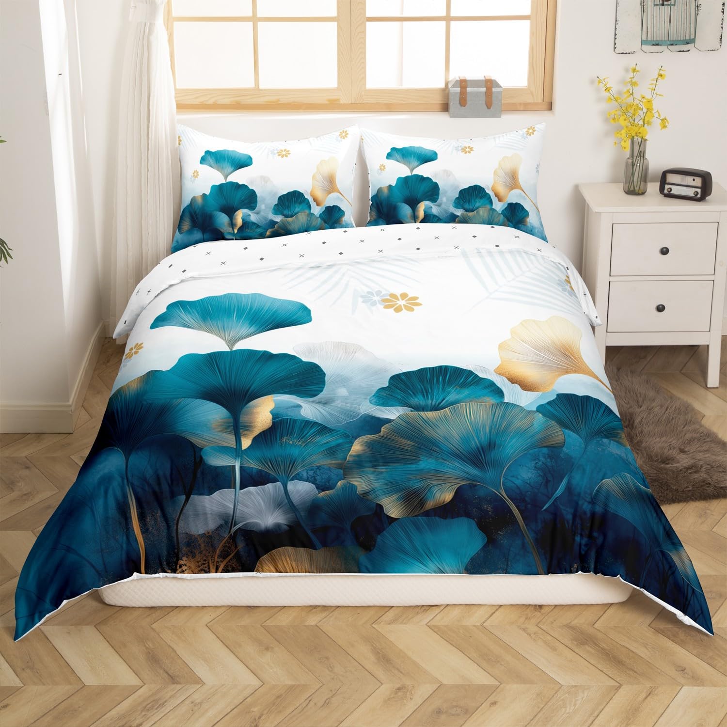 Housse de couette ginkgo 220x240cm avec taies parure bleu blanc or Homemissing