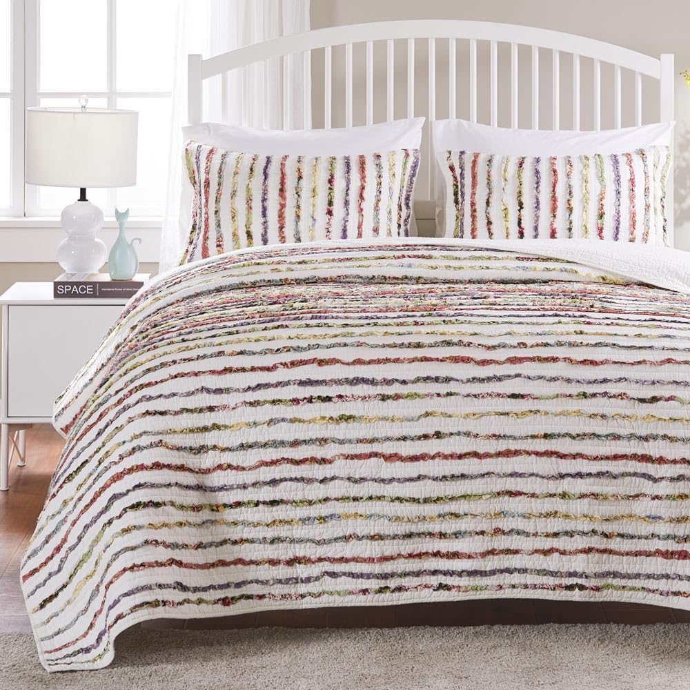 Greenland Home Bella Ruffle 100% Cotton Multi-Fabric Ruffled Quilt Set, 4-Piece King, Multicolor