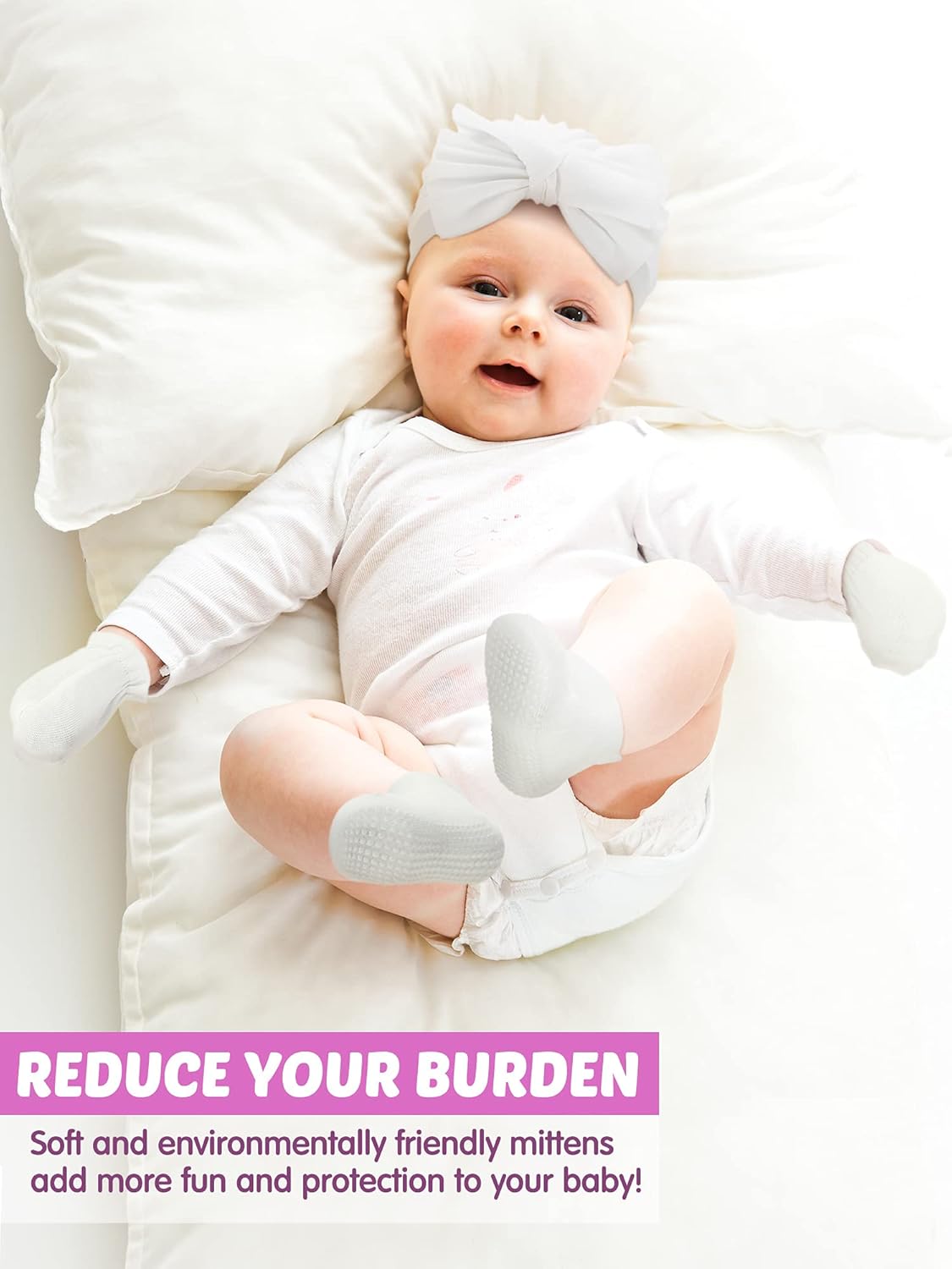 Leumoi 18 Pieces Newborn Baby No Scratch Mittens and Socks Sets Gloves Baby Turban Knot Hats Nonslip Grip Ankle Socks for Girls - Image 7