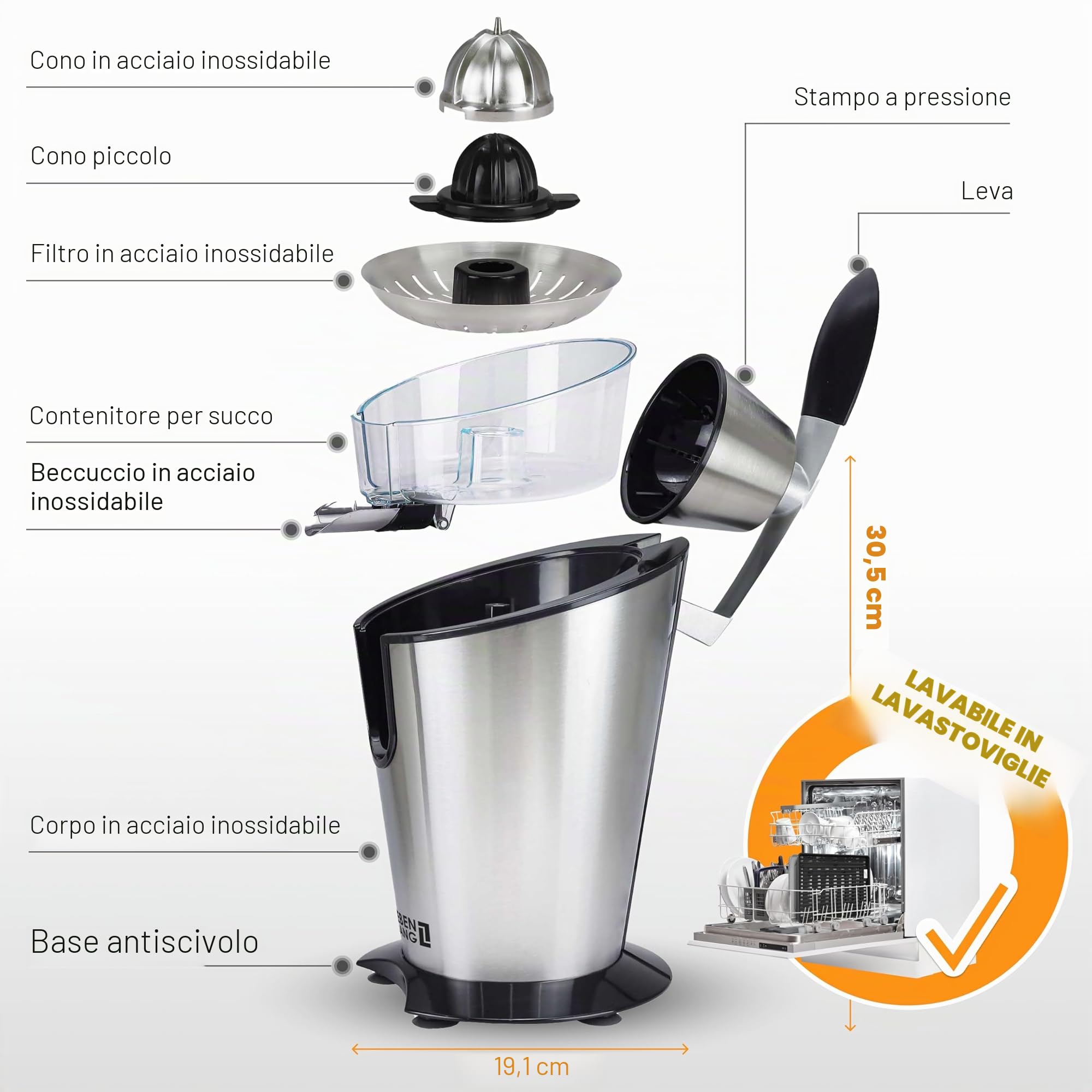 LEBENLANG Spremiagrumi elettrico 600W - Cono in acciaio inox & senza BPA I Spremi agrumi elettronico professionale I Spremuta arancia citrus Juicer machine I Spremi arance automatico melograno piccolo