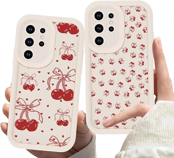 2 Pack Cherry Phone Case for Samsung Galaxy S21 Ultra 5G S30 Ultra 6.8,Cute Aesthetic Cases Kawaii Bow Design Pattern Cover for Girls Women,Beige Soft Anti-Scratch Shockproof Protection Funda