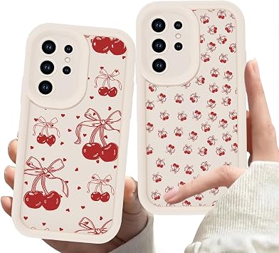 2 Pack Cherry Phone Case for Samsung Galaxy S21 Ultra 5G S30 Ultra 6.8",Cute Aesthetic Cases Kawaii Bow Design Pattern Cover for Girls Women,Beige Soft Anti-Scratch Shockproof Protection Funda