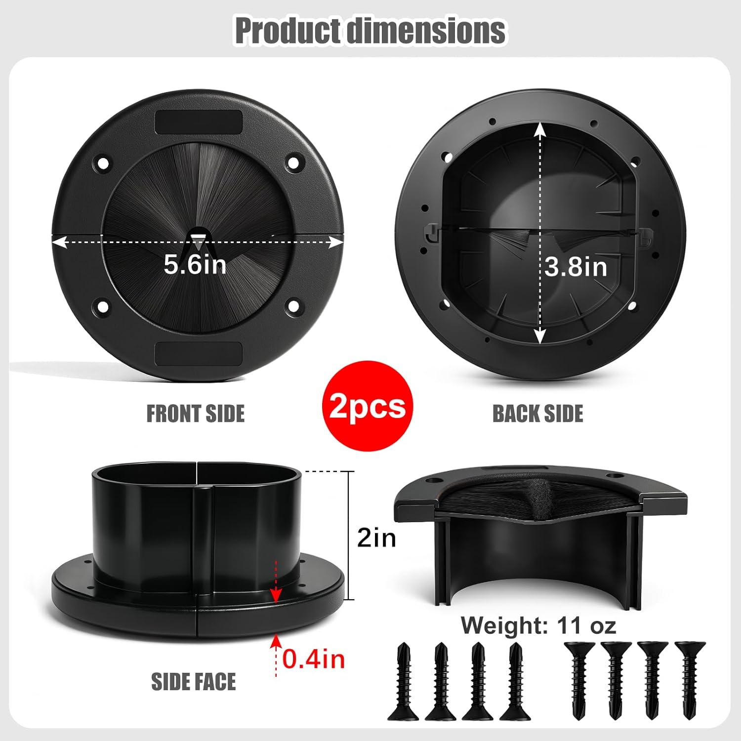 2 Pack 4-Inch Round Brush Grommet, Large Split Design, Raised Floor Airflow Optimization for Home, Data Center Wall & Floor Cable Management