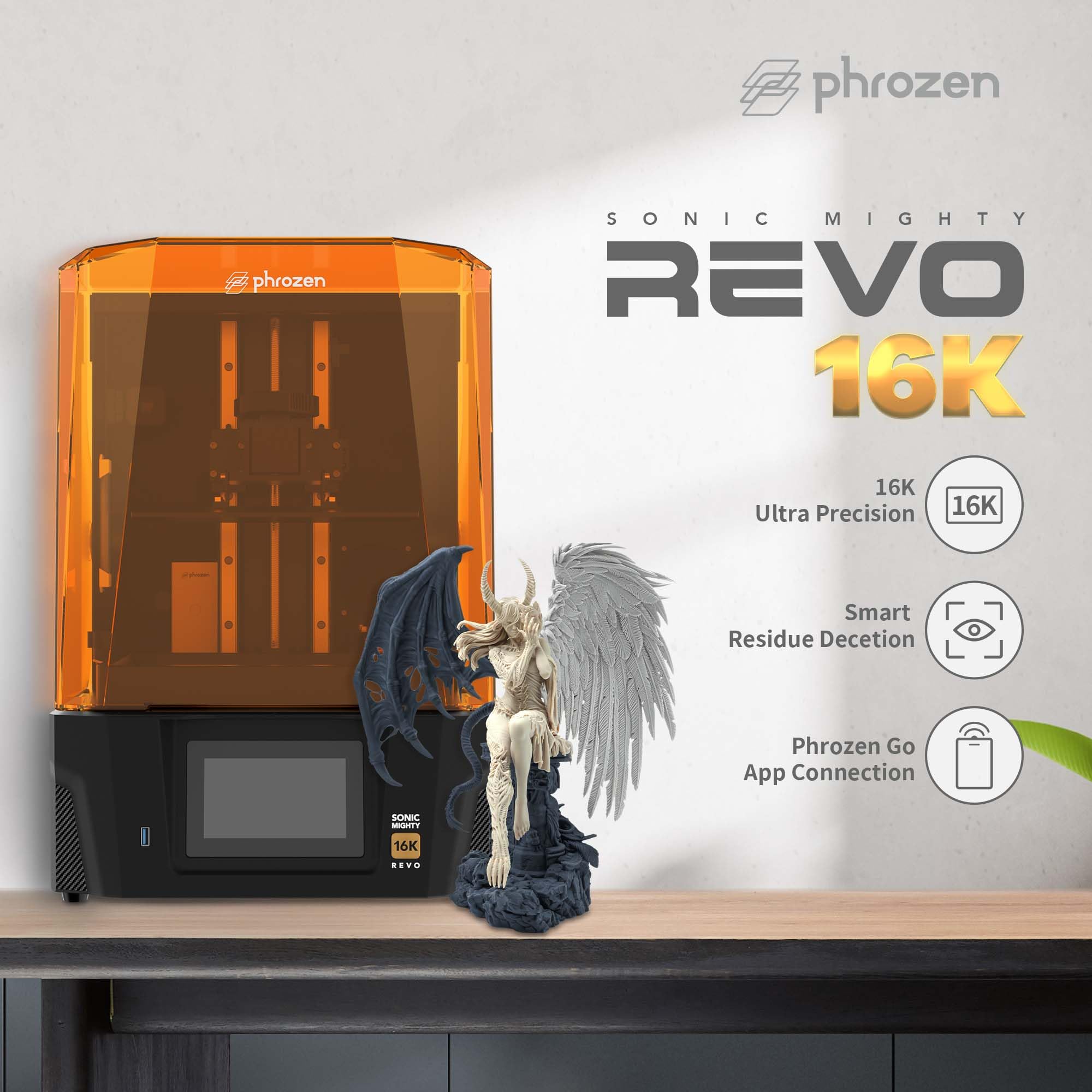 Phrozen Sonic Mighty Revo 16K Stampante 3D a Resina, LCD Mono 10.1", Risoluzione 14x19 µm, Volume 211x118x235 mm, Calibrazione Un Tocco, Rilevamento Guasti, App Multi-Stampante