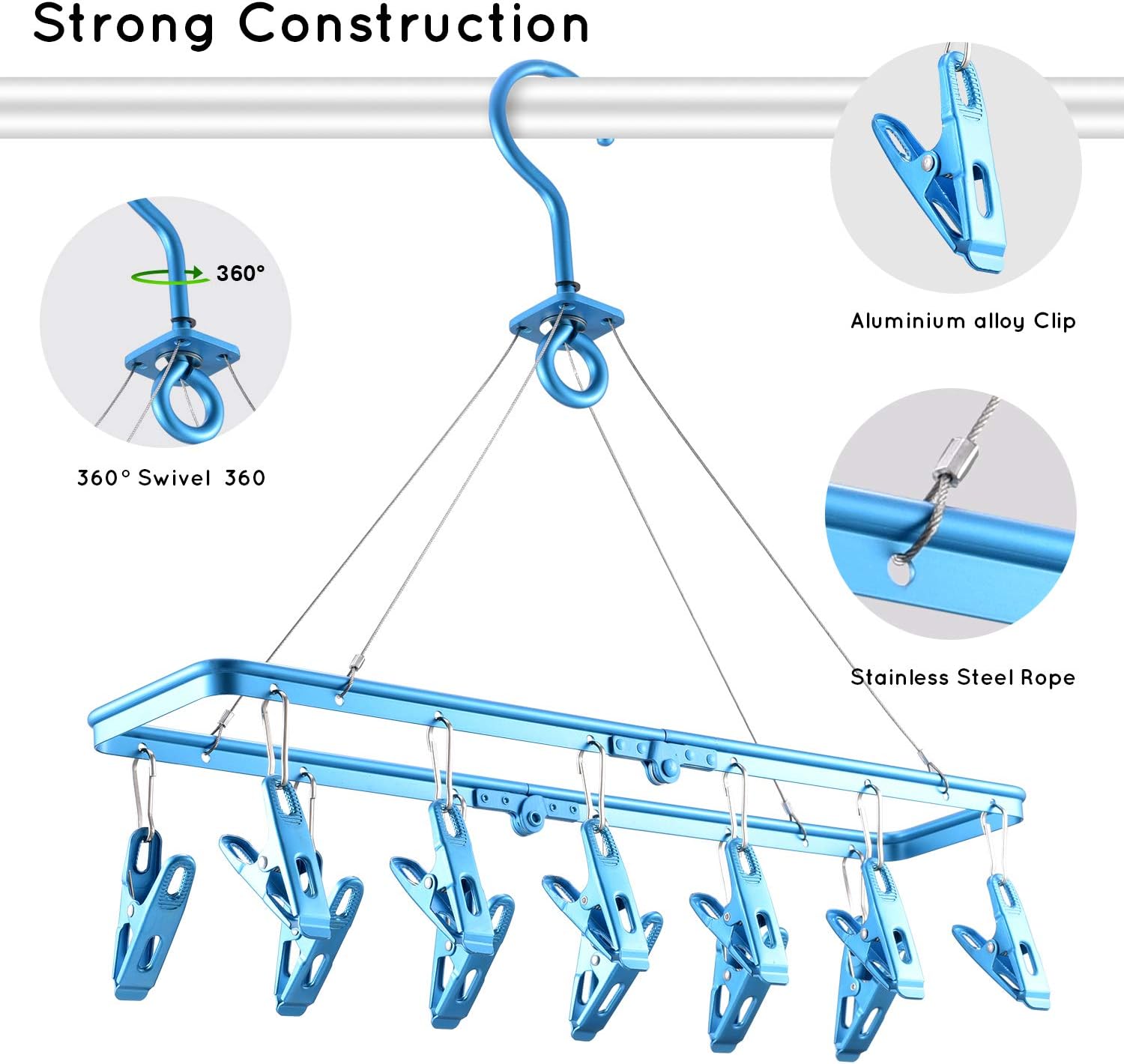 senbowe Foldable Clip and Drip Hanger, Clothes Hanging Drying Rack Sock Hanger Underwear Hanger with 12 Clips, Hanger for Towels, Bras, Baby Clothes, Gloves, Aluminium Alloy Laundry Hanging Air Dryer