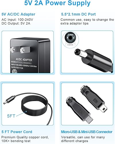 Miniatura 5 de SoulBay Adaptador de fuente de alimentación de 5 V 2 A, 10 W, AC100-240 V a CC, cable de carga versátil de 5 voltios de 2 amperios con 8 enchufes