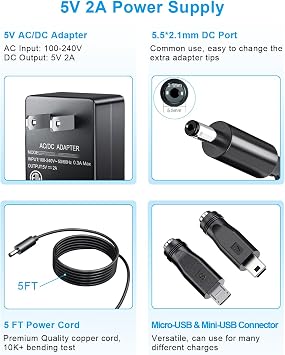 SoulBay 5V 2A Power Supply Adapter 10W AC100-240V to DC 5 Volt 2Amp Versatile Charger Cord with 8 Plugs for USB Hub TV Box Tablet Camera Speaker GPS Webcam Router and More 5vdc Electronics, 5FT