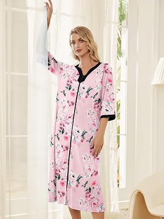 PITINAN Robes for Women Zipper Front Moomoo Housecoats with Pockets S-3XL