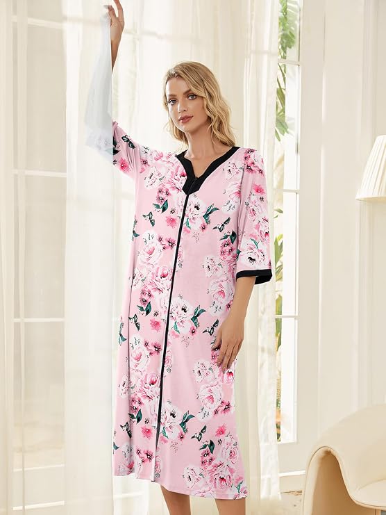 PITINAN Robes for Women Zipper Front Moomoo Housecoats with Pockets S-3XL