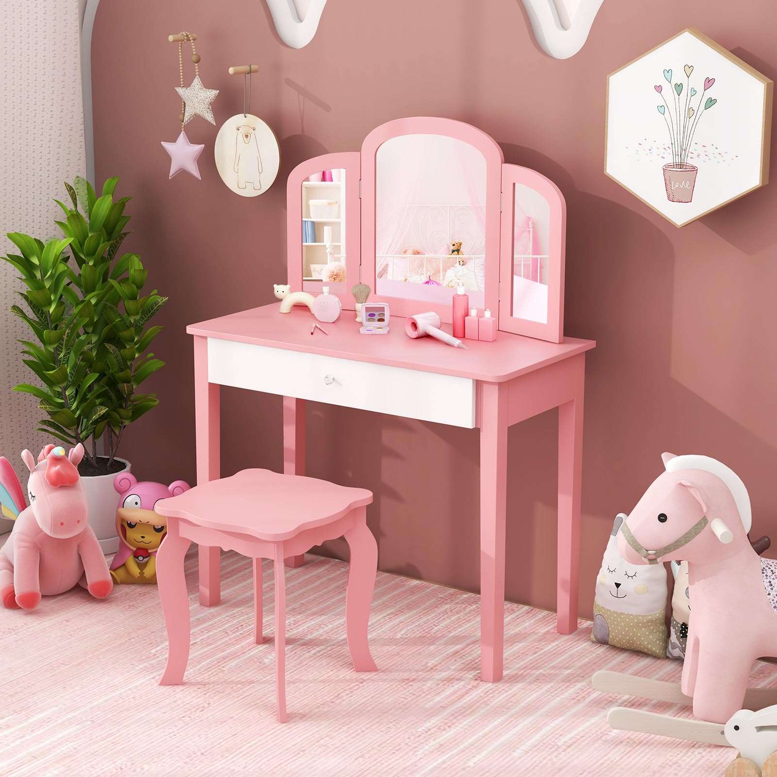 DREAMADE Schminktisch Kinder mit Hocker und abnehmbarem Spiegel,Prinzessin Frisiertisch, Frisierkommode, Kosmetiktisch, Kinderschminktisch mit Kiefernholz-Beine für Kinder Mädchen (Rosa)