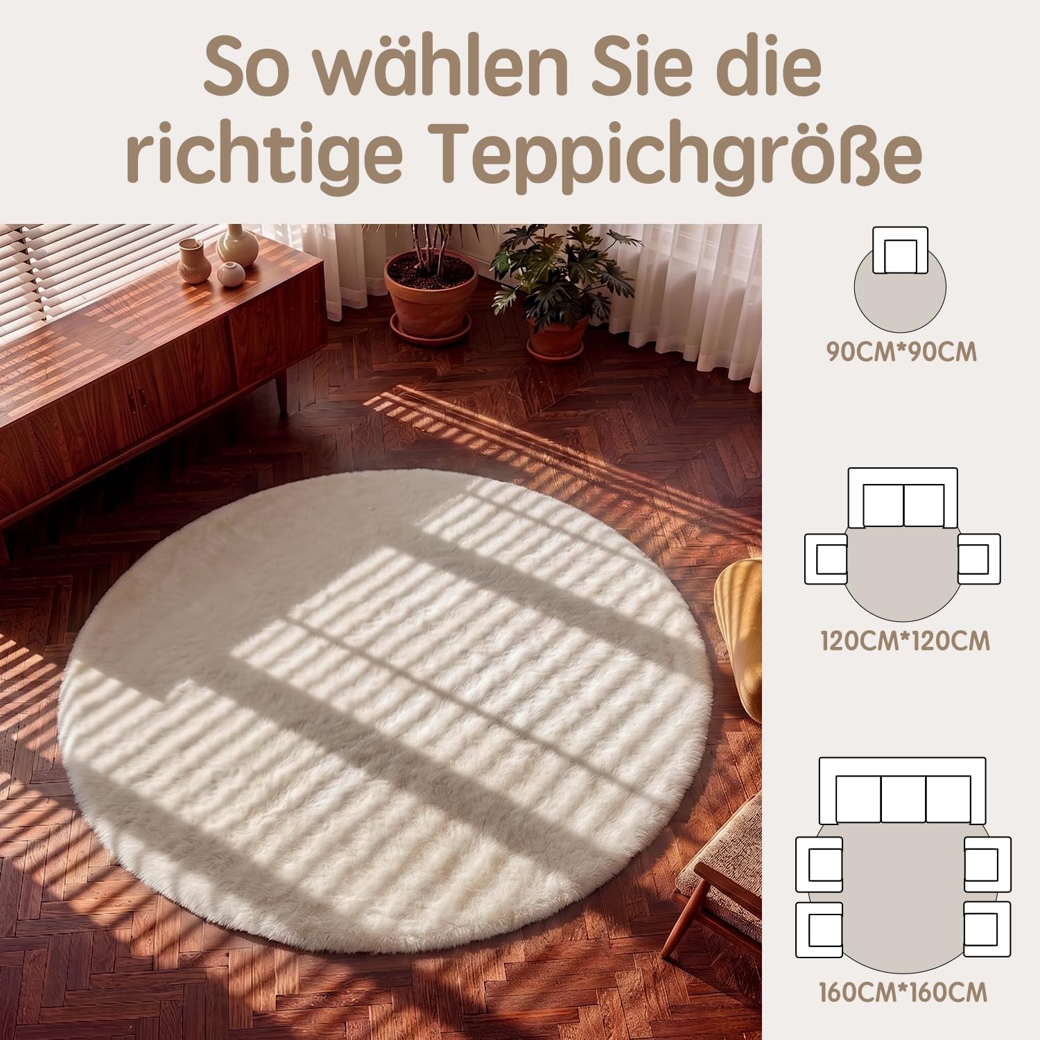 Kunstfell Teppich Kurzflor Wohnzimmer Rund 120 cm Beige Waschbar | Kaninchenfell-Optik | Maschinenwaschbar & rutschfest | OEKO-TEX zertifiziert | Ideal für Sofa, Schlafzimmer & Kinderzimmer