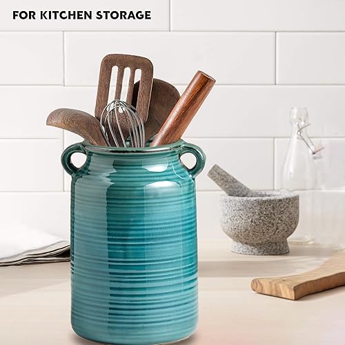 Vista 15 de Florero de cerámica rústica de color blanco envejecido para centros de mesa, cocina, oficina o sala de estar (5.9 x 6.3 pulgadas)