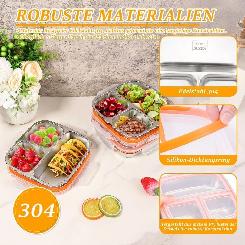 Lot de 4 boîtes à goûter en acier inoxydable. Snackbox étanche 600ml avec couvercle et 3 compartiments, boîte idéale pour école, bureau et pique-nique