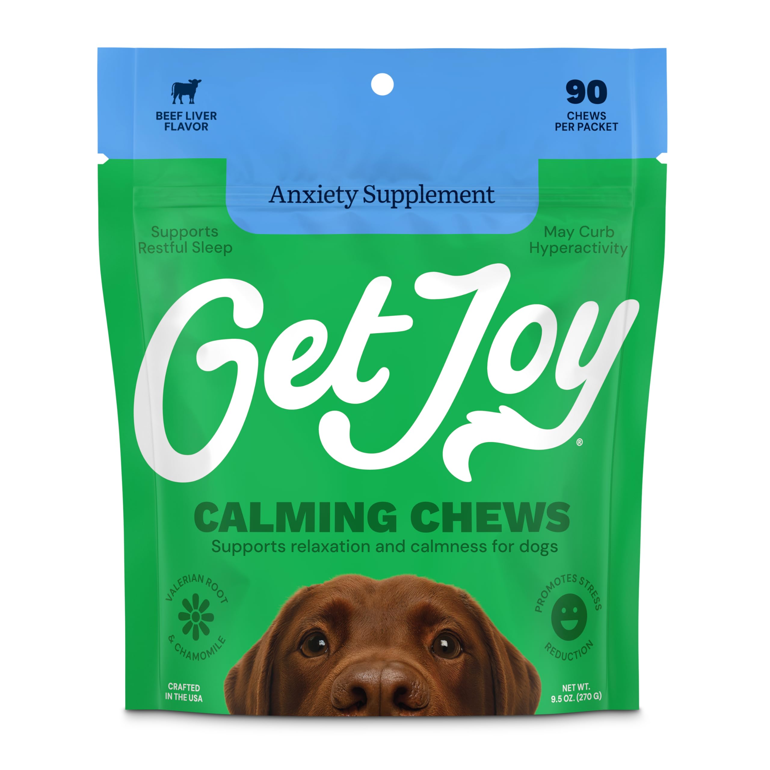 Get Joy Calming Chews for Dogs, Anxiety & Stress, Beef Liver, 90ct | Soft daily chew dogs take like a treat. Vet formulated, made in the USA, for adult and senior dogs of every size., Beef, Calming