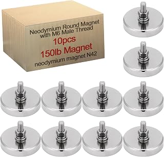 Therwen 10 Pack 150 lb Magnet with M6 Male Threaded Stud Heavy Duty Powerful Neodymium Round Magnets with Nut and Washer for Lighting, Camera, Brackets Other Equipment