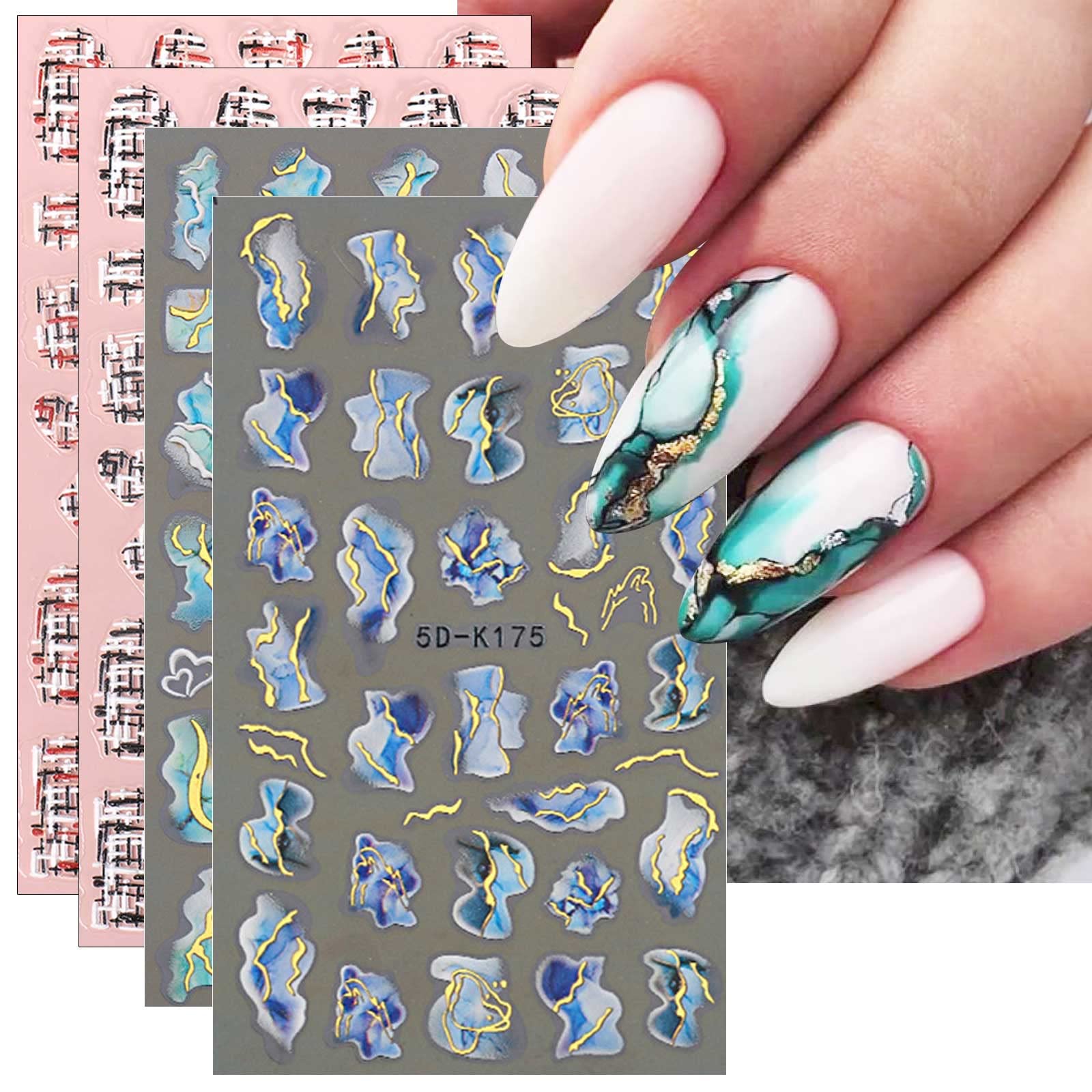 jmeowio3D Embossed Marble Nail Art Stickers Decals Self-Adhesive Pegatinas Uñas 5D French Tip Nail Supplies Nail Art Design Decoration Accessories 4 Sheets