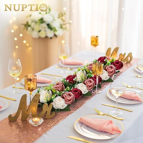 Miniatura 2 de NUPTIO Centros de mesa de flores artificiales para mesas, 6 unidades, color borgoña, rosa polvorienta y blanco cremoso, arreglos de rosas falsas de
