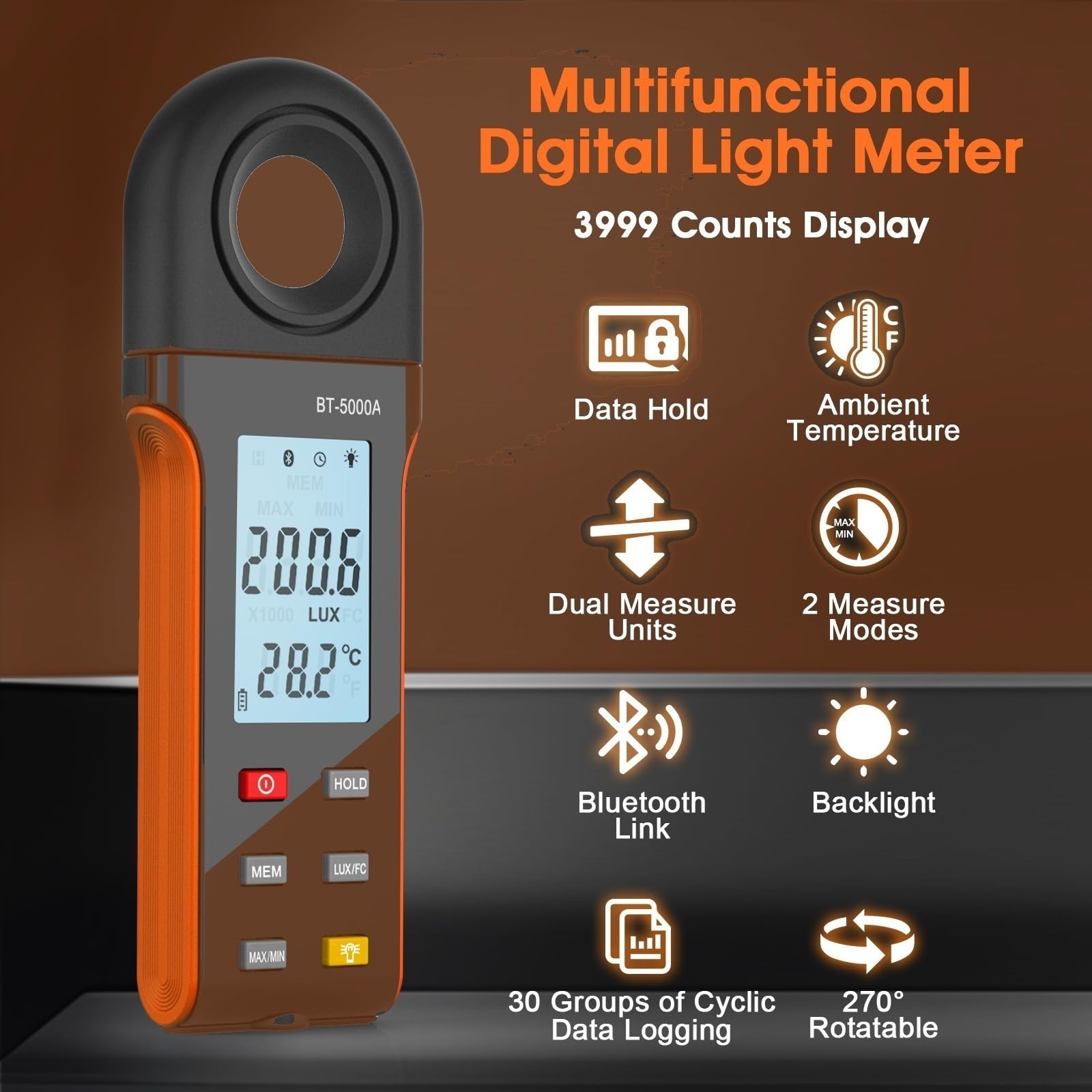 Esposimetri, Luxmetro digitale 1-400.000Lux Collegare all'APP del telefono unilateralmente a 90 gradi o 270 Misurare l'illuminazione Display LCD