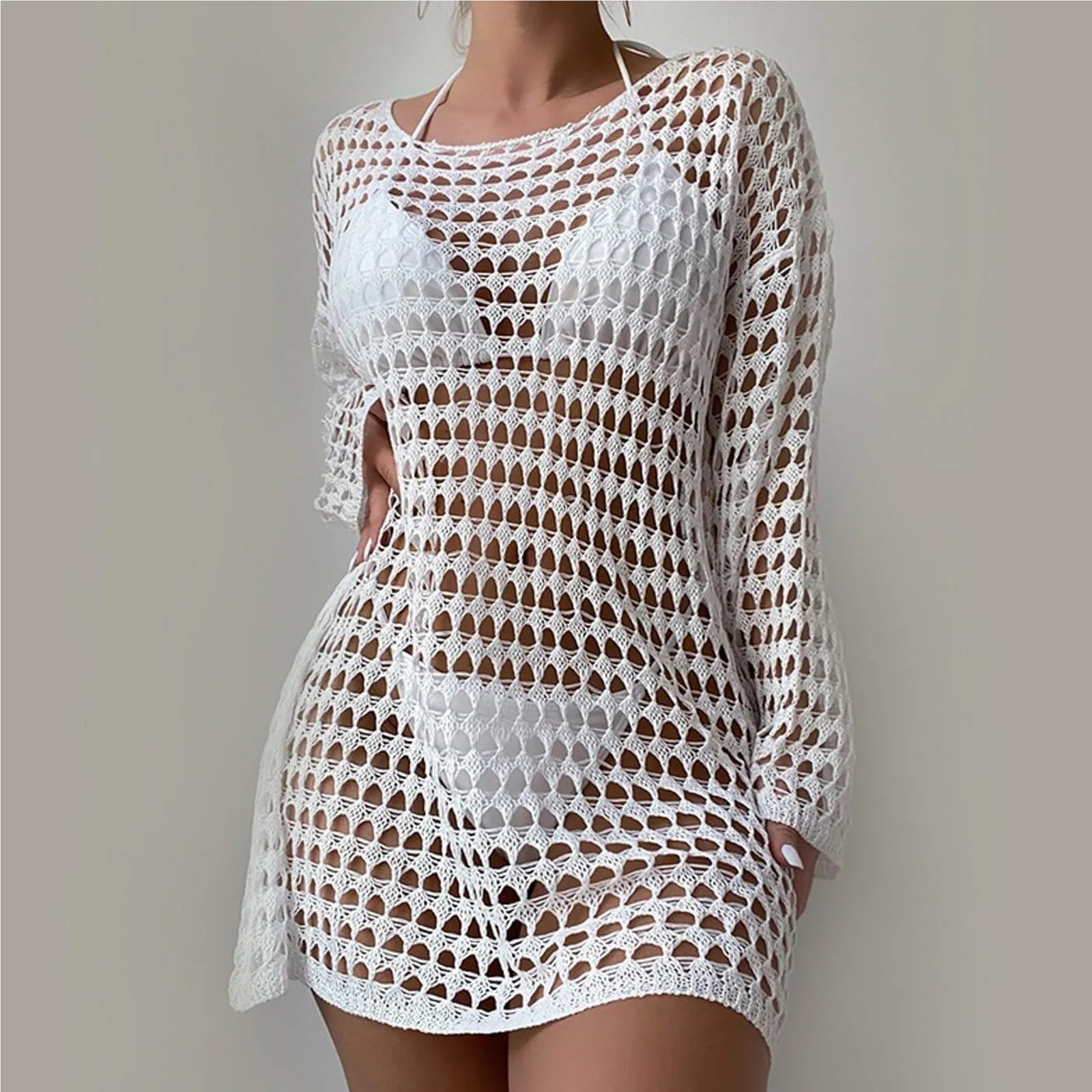 Vestido Playa Mujer Vestido playero largo de manga larga con cuello redondo y aberturas for mujer