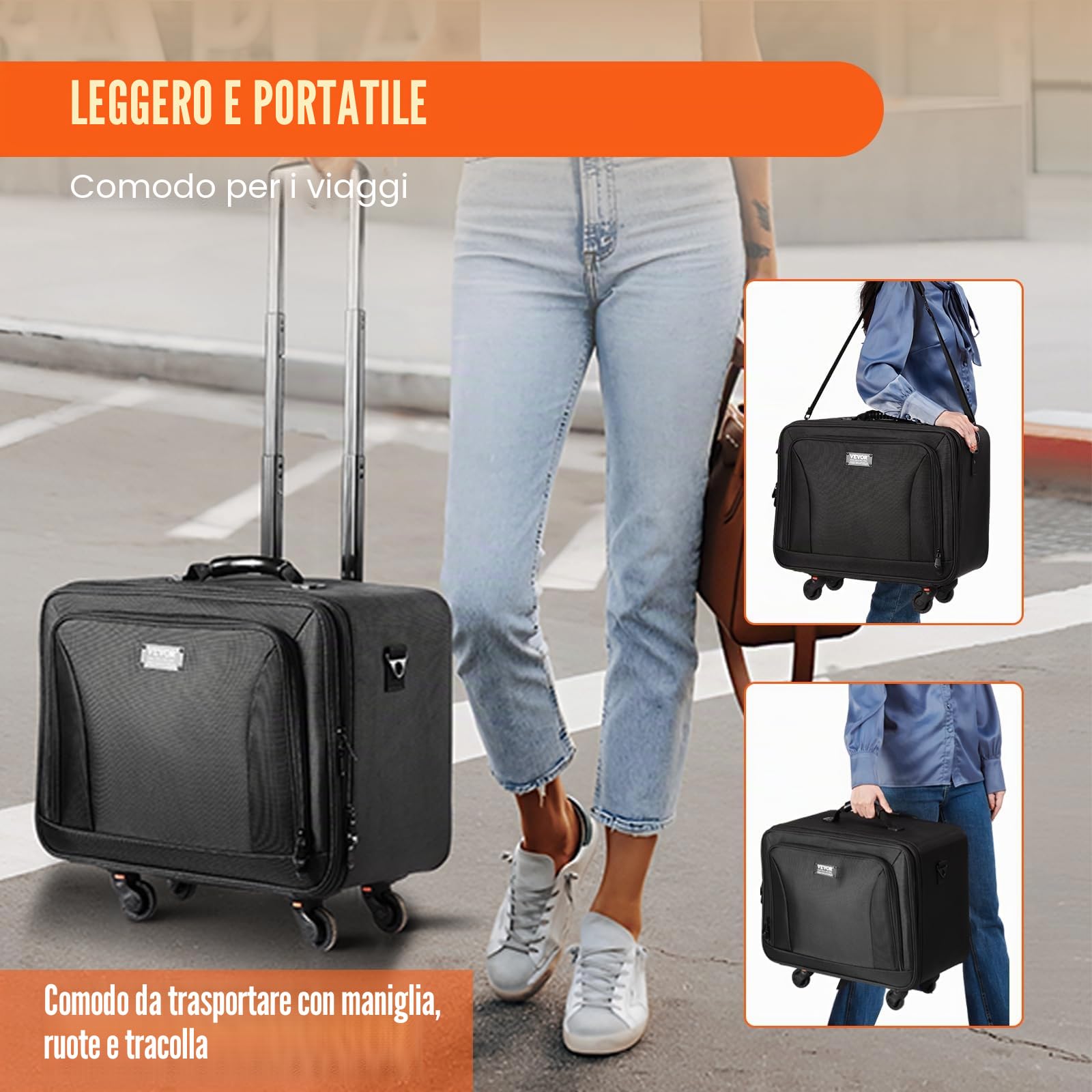 VEVOR Scatola di immagazzinaggio professionale per donne e ragazze, nero, trolley estensibile con ruote girevoli, nero, Valigia estensibile con ruote girevoli
