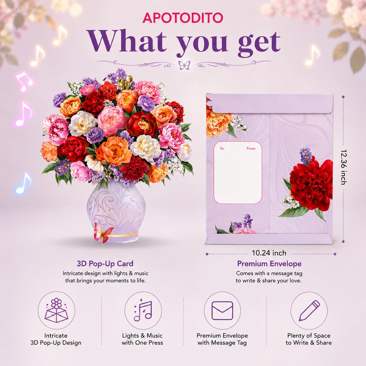 APOTODITO Tarjetas de cumpleaños para mujer, tarjeta de flores con música y luz, tarjeta 3D de ramo de flores, tarjetas de regalo para mamá, mujer, esposa, hija, novia