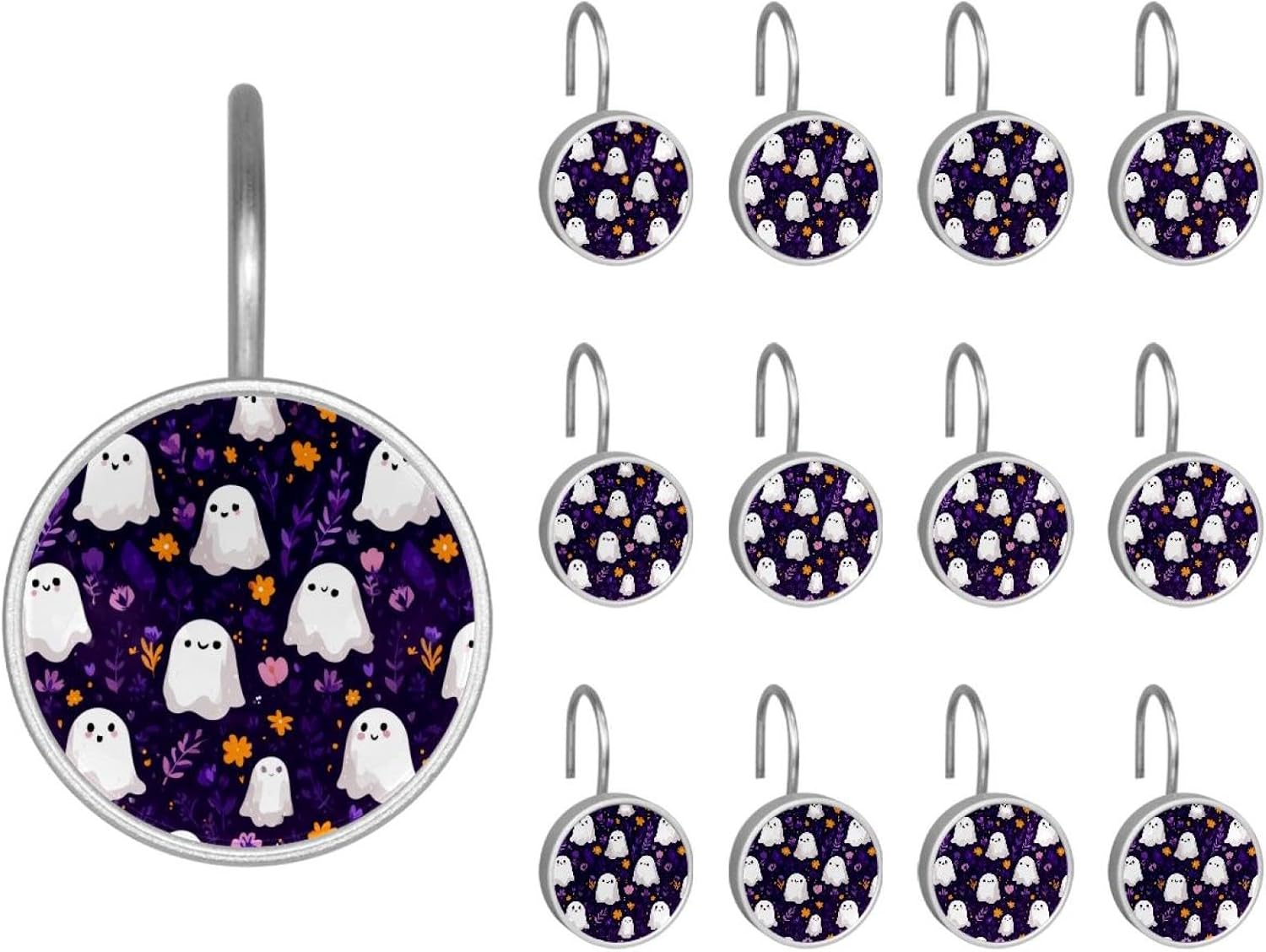 12 Pcs Round Shower Curtain Hooks Stainless Steel Decorative Hanger Rings for Bathroom Kitchen Bedroom Curtain Rods, Halloween (2)