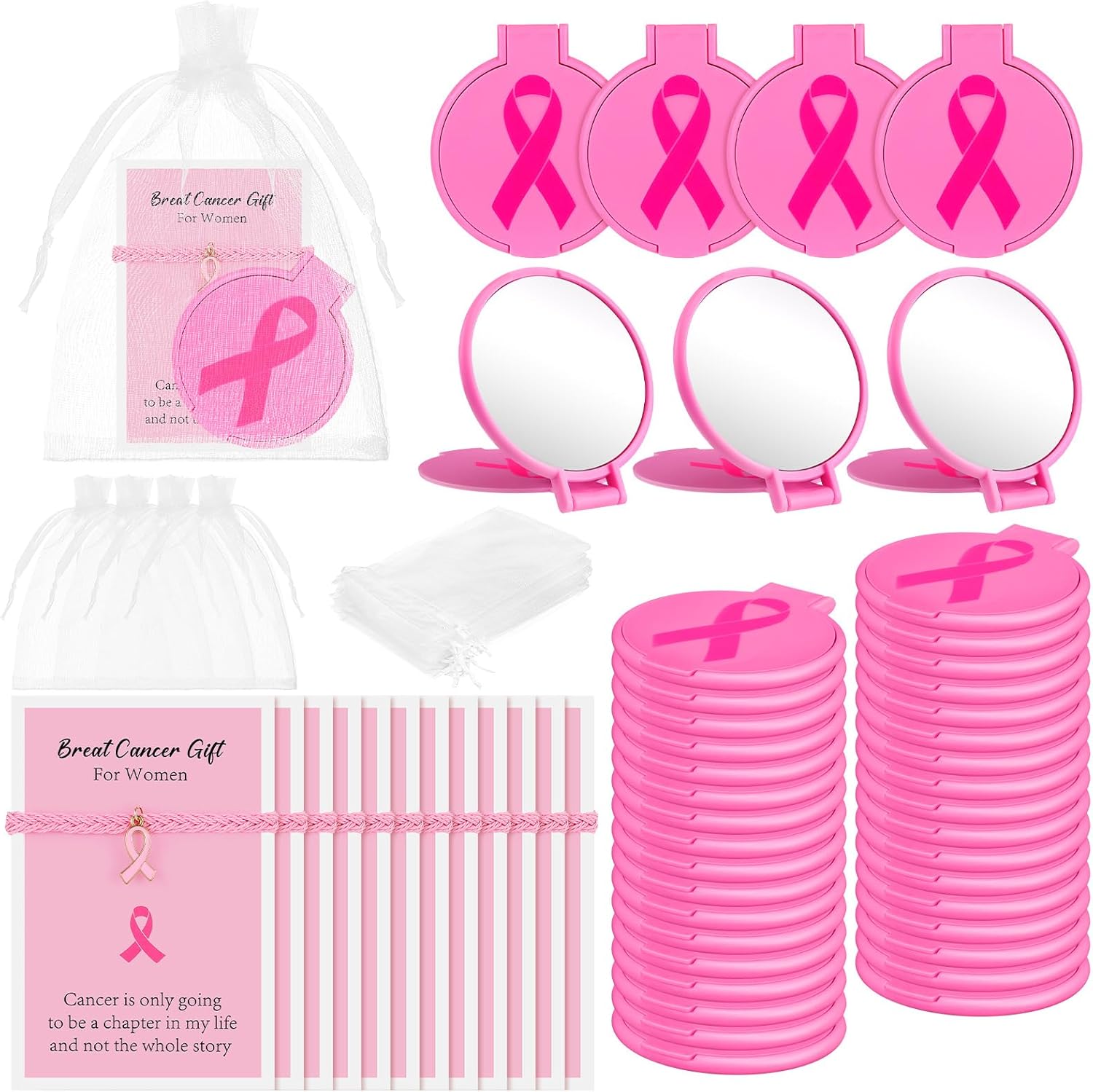 Geetery 72 Pcs Breast Cancer Awareness Gifts Set for Women Compact Folding Mirrors, Pink Ribbon Bracelets, Organza Bags for Breast Cancer Charity Event Survivor Campaign Party Accessories(Pink)