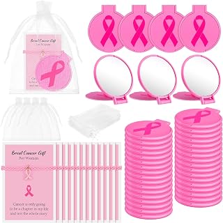 Geetery 72 Pcs Breast Cancer Awareness Gifts Set for Women Compact Folding Mirrors, Pink Ribbon Bracelets, Organza Bags for Breast Cancer Charity Event Survivor Campaign Party Accessories(Pink)