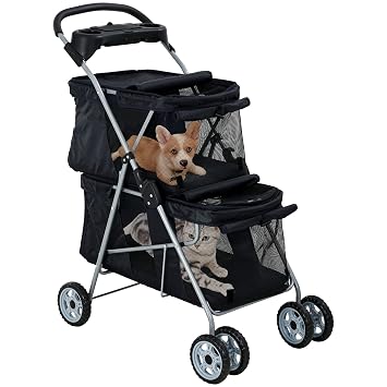 HCY Double Pet Stroller for Cats & Dogs - 4 Wheels, Lightweight, Waterproof for Travel & City Walk Black