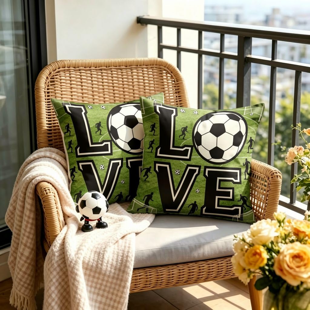 Love Soccer Field Silhouette Linen Throw Pillow Covers-18x18