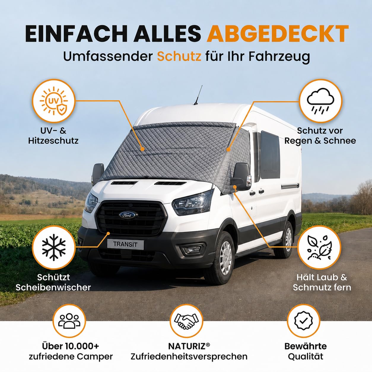 NATURIZ® Frontscheibenabdeckung Ford Transit – Premium Scheibenabdeckung - Thermomatte außen +Sonnenschutz für Wohnmobile – Winterabdeckung Wohnmobil und Kastenwagen, 2015-2026, MK8 & MK9