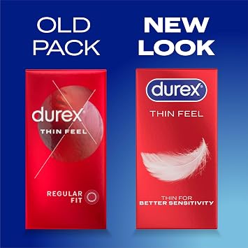 Durex Thin Feel, 30 Condoms, Regular Fit, Silicone Lubricated | Thinner for More Sensitivity, Pre Lubricated with Silicone Lube, Easy On, Teat Ended, Durex Condoms, Thin Feel
