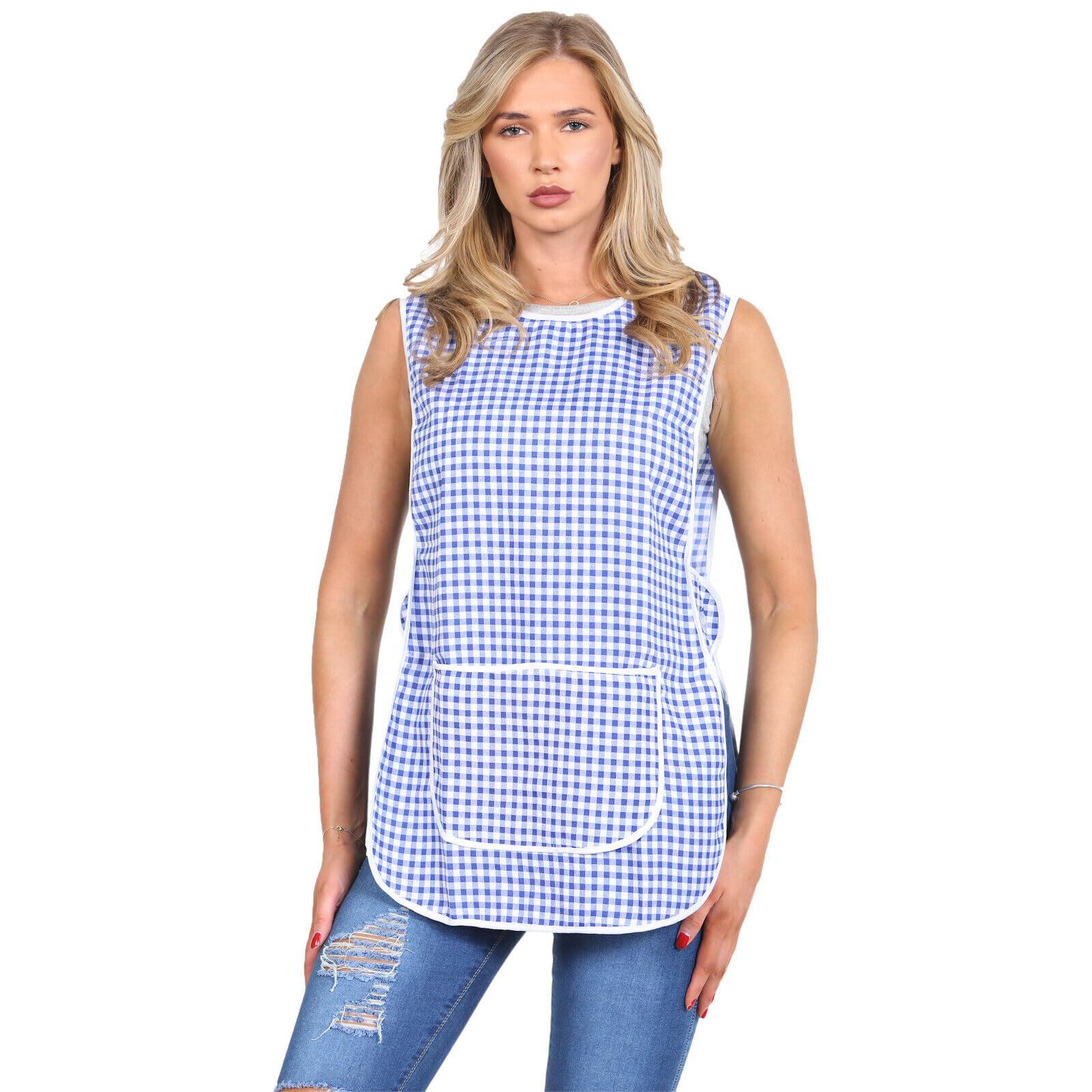 Myshoestore Women's Royal Blue Tabard Apron With Large Centre Pocket, Checkered Pattern, Button Side Fastening, Cotton Blend Work Uniform For Kitchen Cleaning Catering, XXX-Large/Xxxos