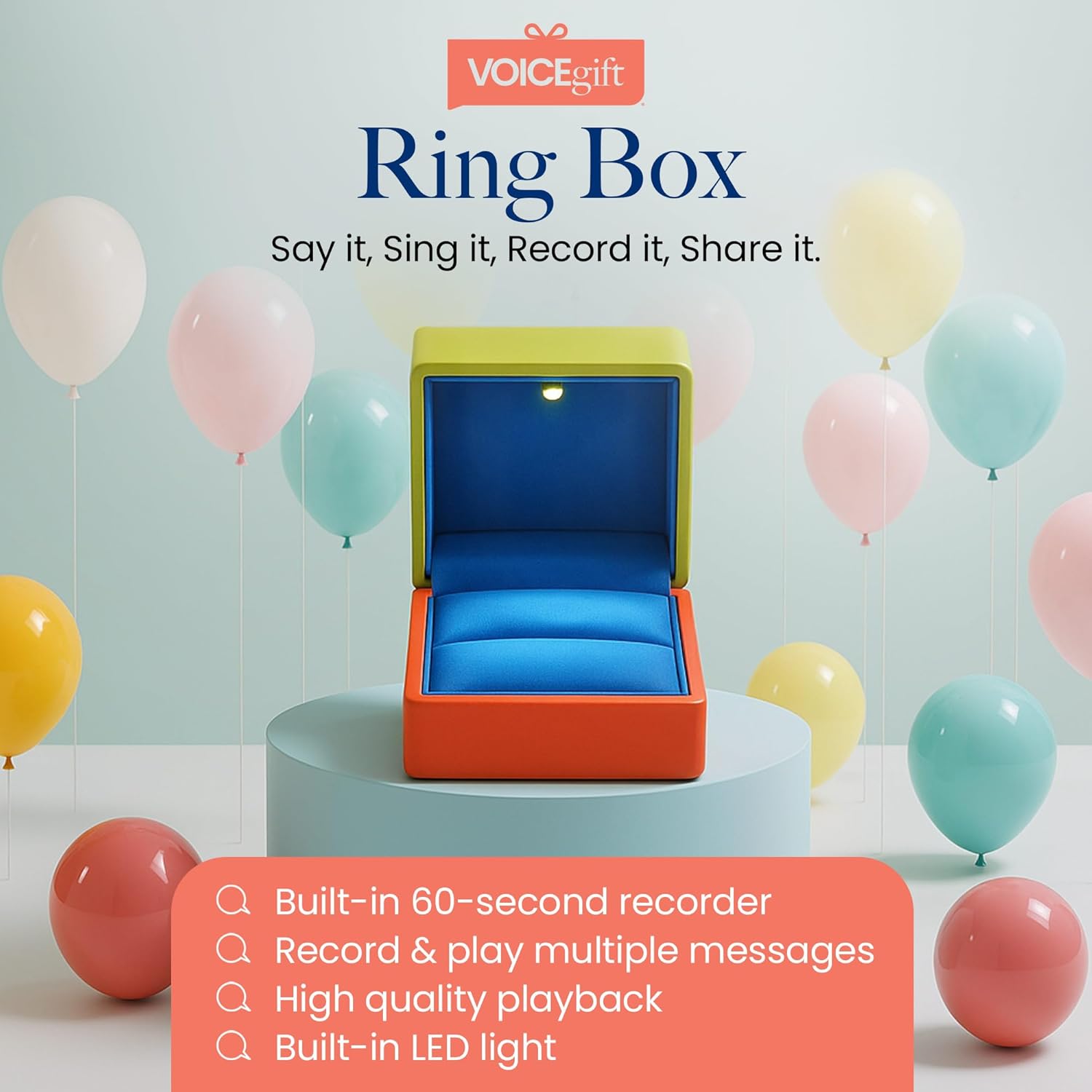 VOICEGIFT Ring Box Recordable Ring Box with LED Light, 60-Second Voice Recorder, Velvet Jewelry Gift Box for Proposal, Engagement, and Keepsake | Salmon & Lime
