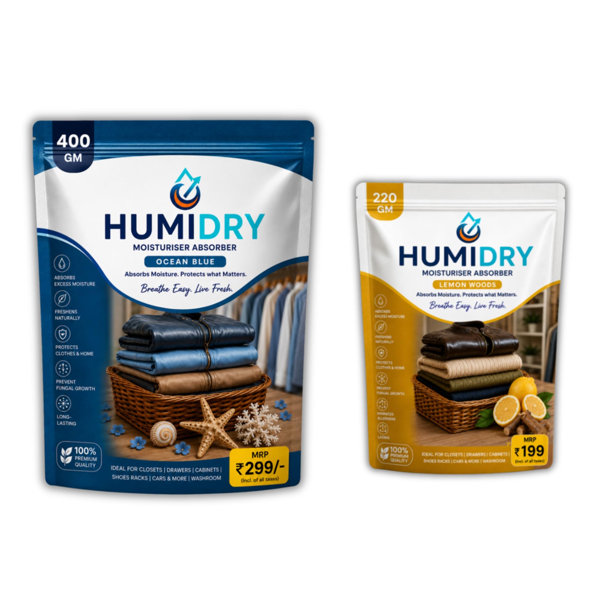 Moisture Absorber Combo Pack of 2 (Ocean Blue 400g & Lemon Woods 220g)| Dehumidifier for Wardrobe, Closet, Cabinet, Drawer, Shoe Rack, Bathroom & Car-image-28