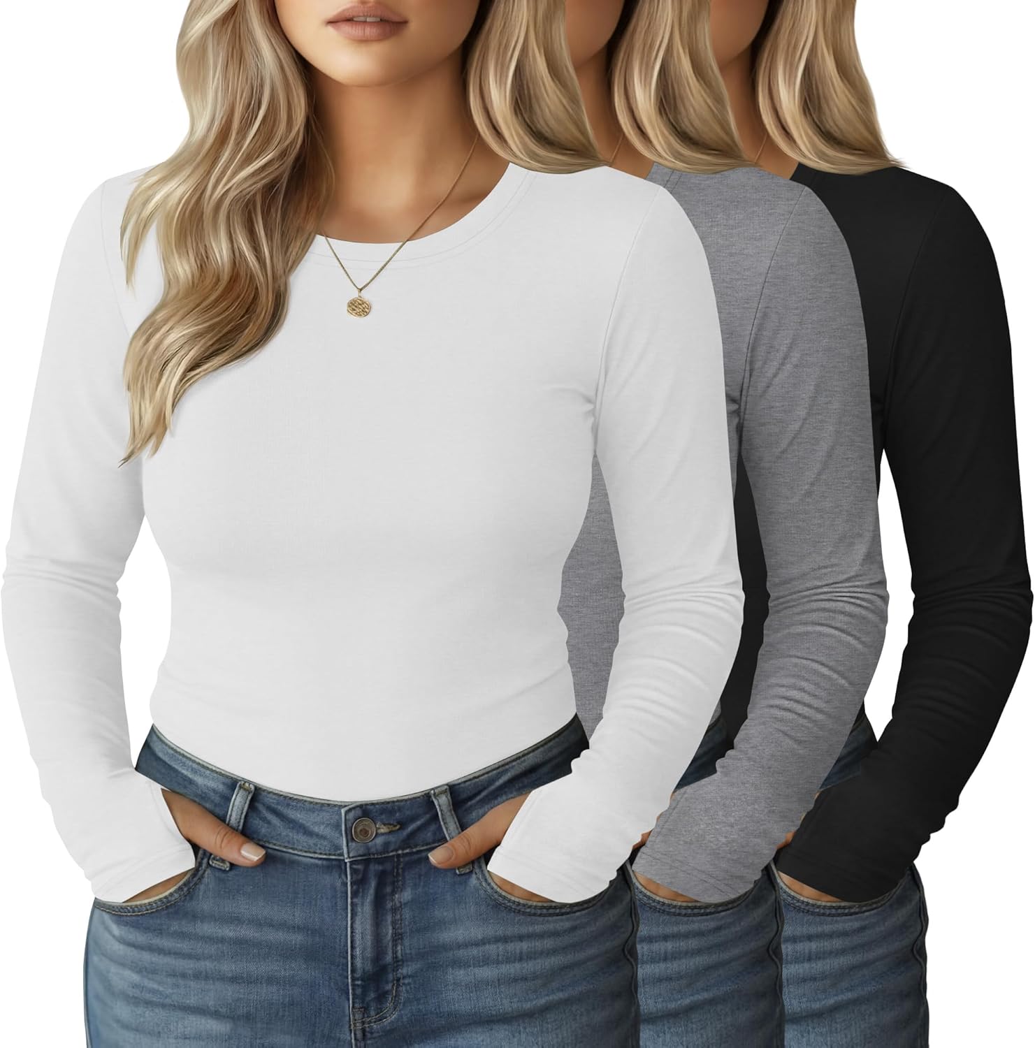 3 Pack Women's Plus Size Long Sleeve Shirts Crew Neck Slim Fitted Tops Casual Basic...