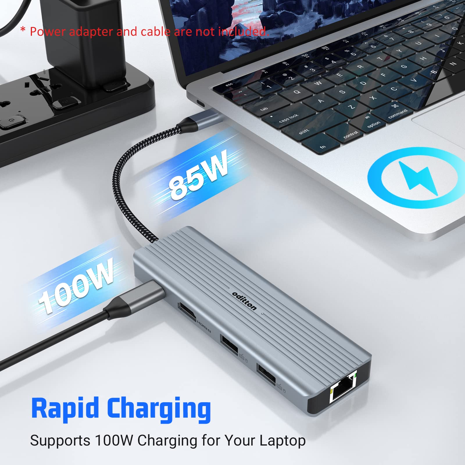 Hub USB C, oditton 10 en 1 Adaptateur USB C avec HDMI 4K, 2* USB-A 3.0, 2* USB-A 2.0, 5Gbps USB-C Port de Données, 100W PD, Ethernet, Parte SD/TF Station d'accueil pour MacBook, iMac, et Plus.