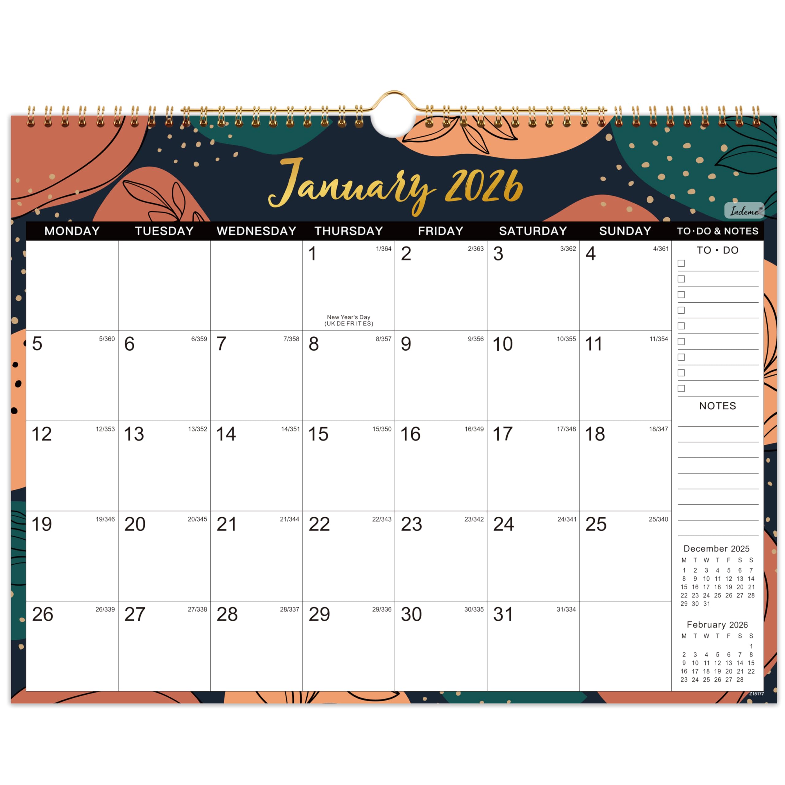 Calendar 2026 - Wall Calendar 2026, Calendar from January 2026 - December 2026, Large Ruled Blocks Perfect for Planning and Organizing for Home or Office, 37.6 x 29 cm