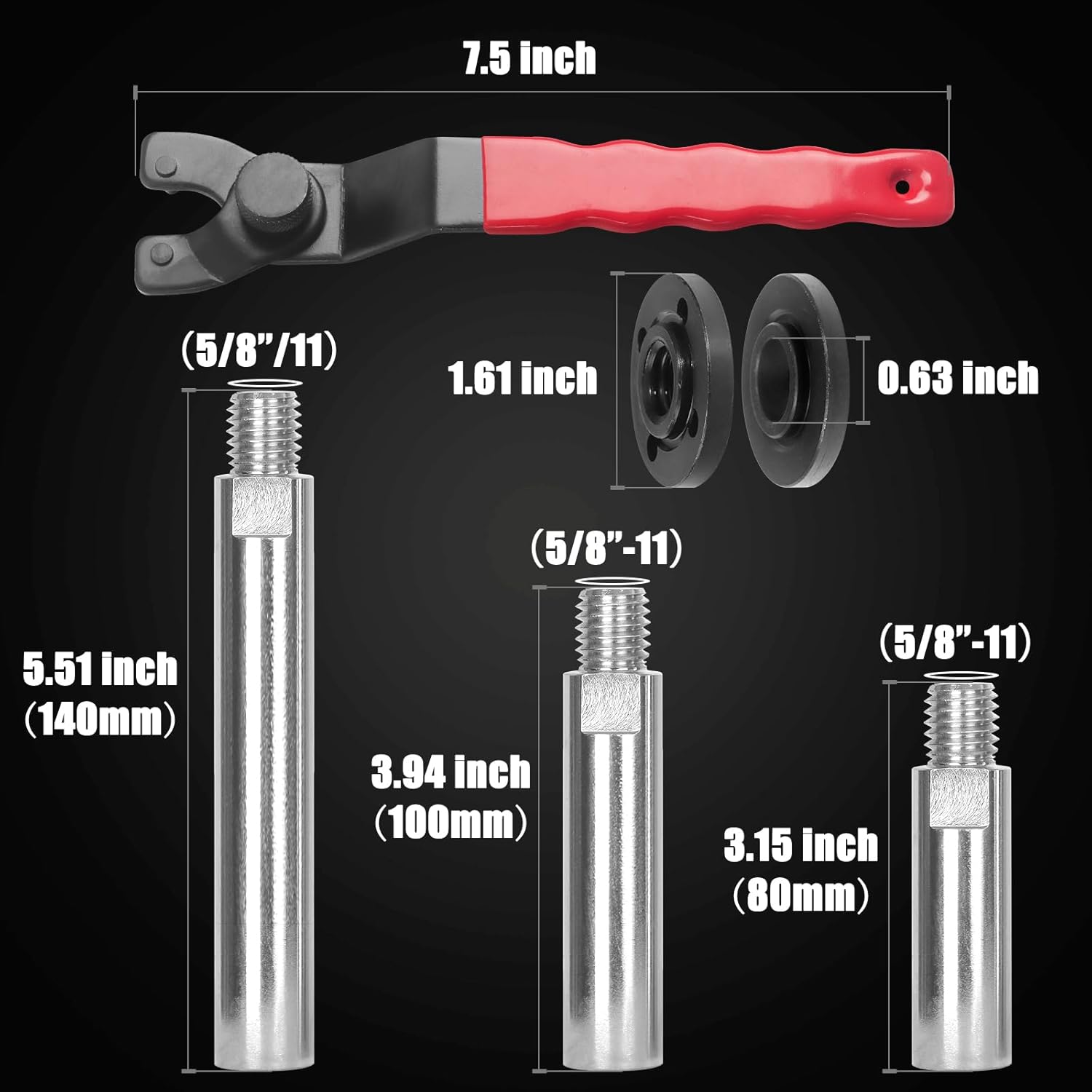 12PCS Angle Grinder Attachments Kit with Flange Nuts, Angle Grinder Extension Connecting Shaft Rod with 5/8-11 Thread, Universal Adjustable Spanner Wrench Set for DeWalt Milwaukee Makita Grinder Tools
