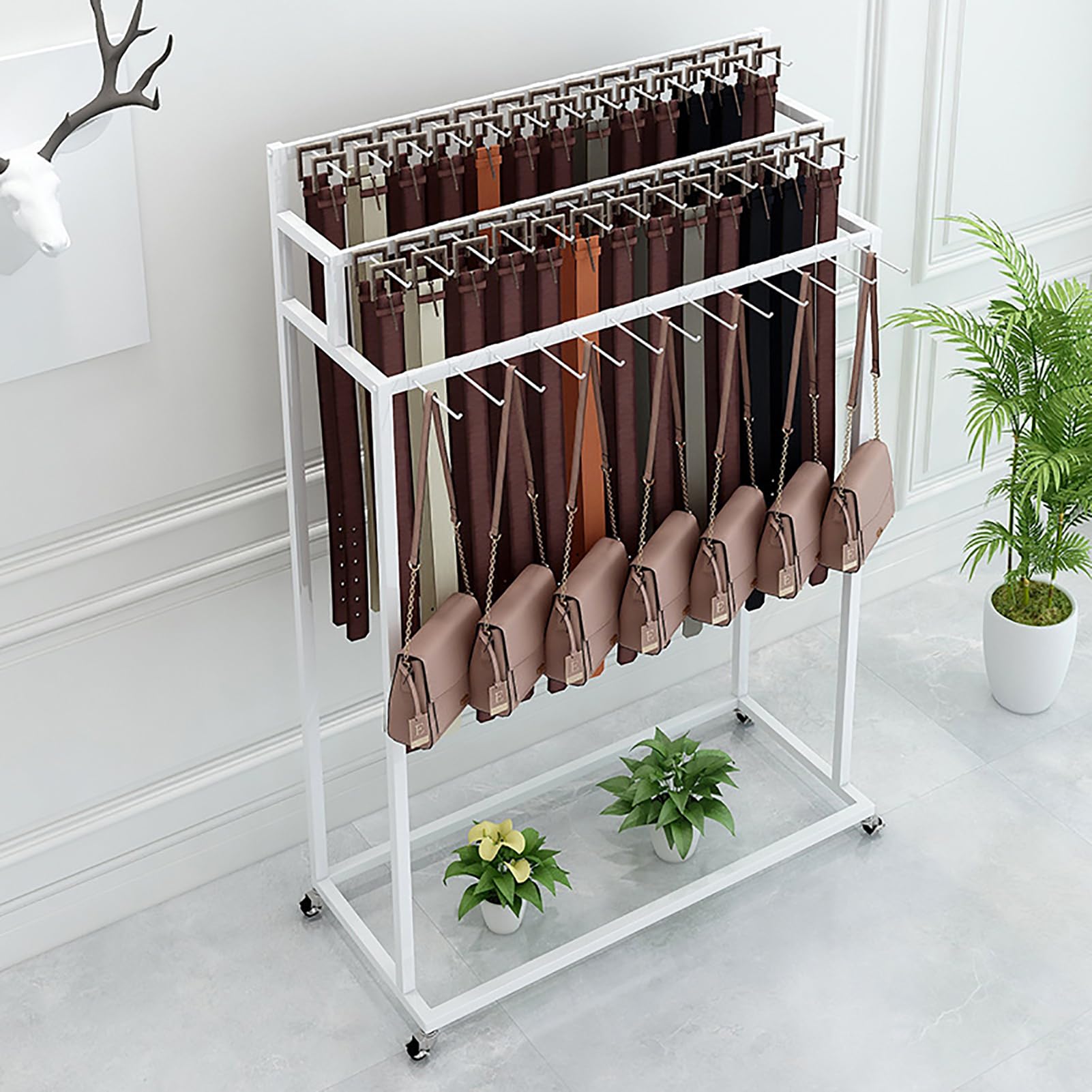 Percha de pie para cinturón con ruedas, 3 niveles, gran capacidad, organizador de accesorios para corbatas, bufandas, chales, joyas, ahorro de espacio, soporte de exhibición