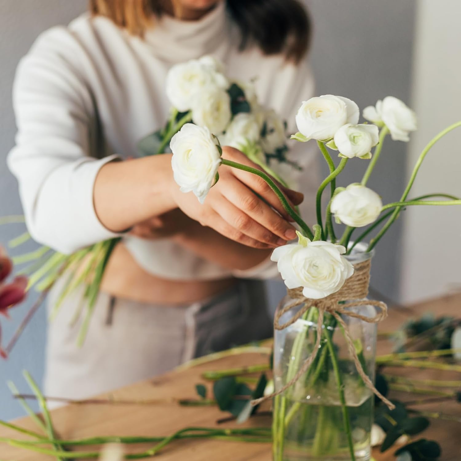 6pcs Glass Vase Set with Artificial Eucalyptus Leaves Stems, Vintage Clear Flower Vases for Centerpiece Table Decorations Farmhouse Wedding, Cylinder Vase for Home Decor Party Bathroom Office Shelf