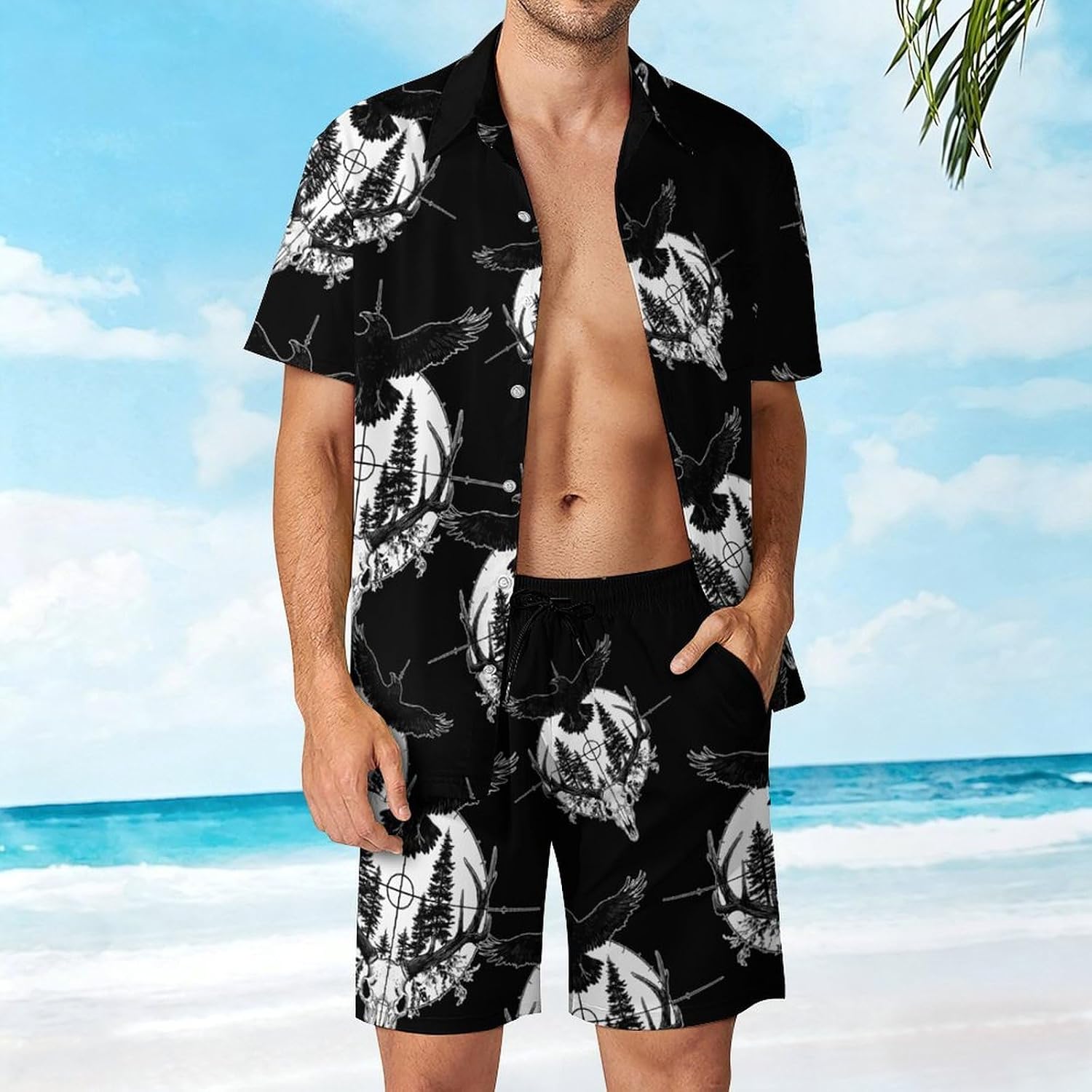 Hunting Deer Hunt Ravens Skull Men's Summer Beach 2 Piece Outfits | hawaiian button down shirt and shorts,vacation cruise,mens bathing suit