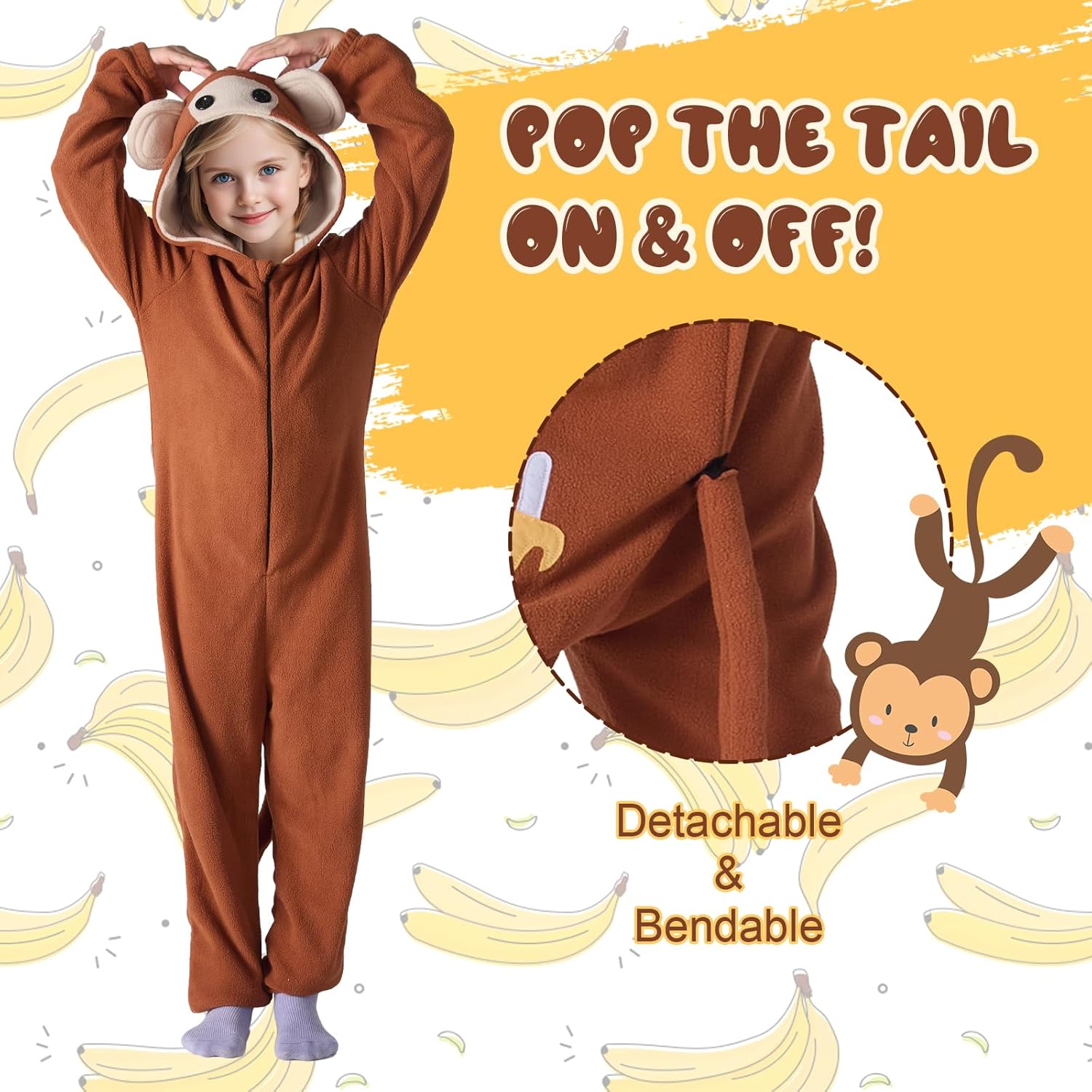 GALLETY Monkey Onesie Kids Monkey Costume - Unisex Hooded One Piece Costume Halloween Costumes for Girls- Halloween Pajamas - Image 4