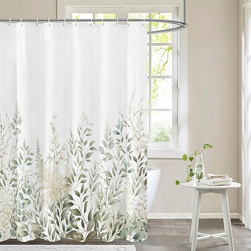 Tititex Retro Sage Green Leaves Shower Curtain, Light White Floral