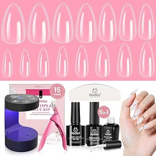 Beetles Nail Kit, 600Pcs Medium Almond Nail Tips with Milky White Gel Polish Top Coat, 15 Sizes Beetles Gel Soft Clear Press on Nails 5 In 1 Nail Glue Valentine Nail Extension Set for Women