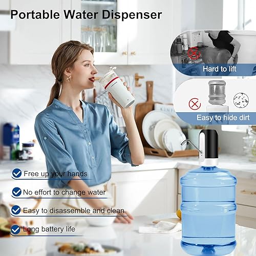 Miniatura 2 de Dispensador de agua para botella de 5 galones, bomba de agua eléctrica portátil de 1200 mAh recargable por USB y funcionamiento con un botón,
